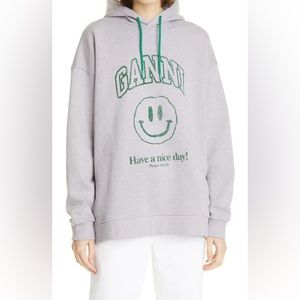 Ganni Light Gray Hoodie Sweatshirt with Green Logo and Drawstrings
